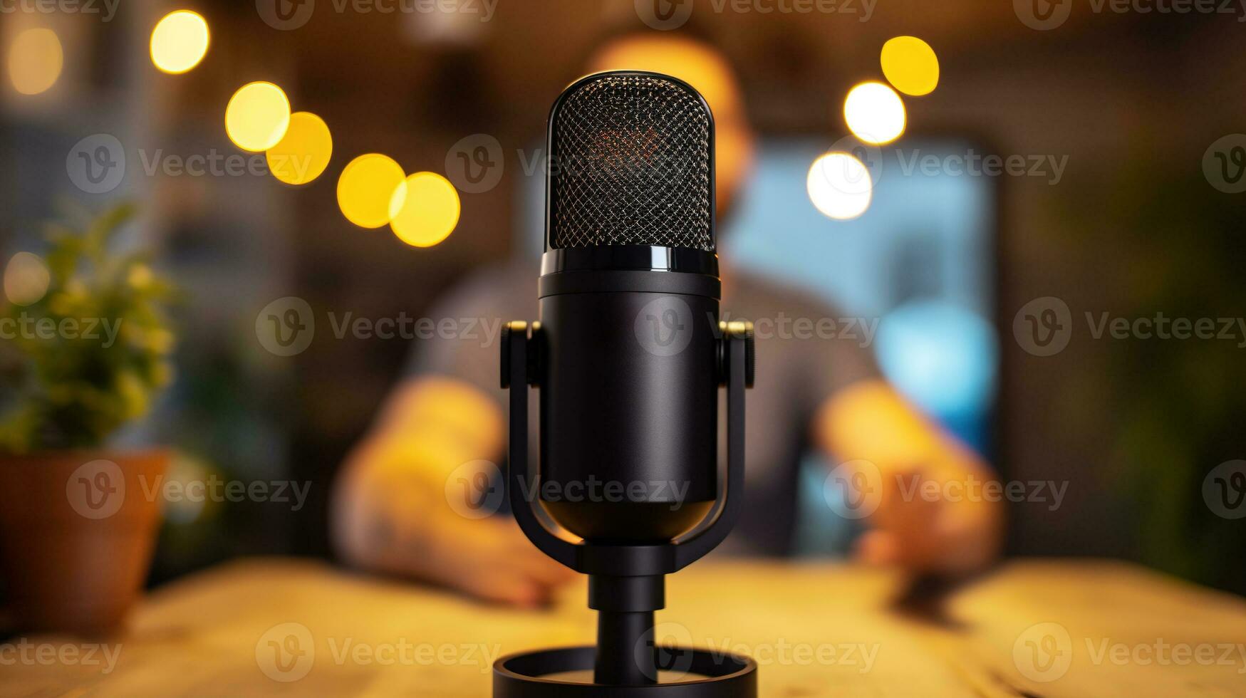 AI generated Generative AI, Microphone for podcast, man recording audio, host streaming, blurred background photo