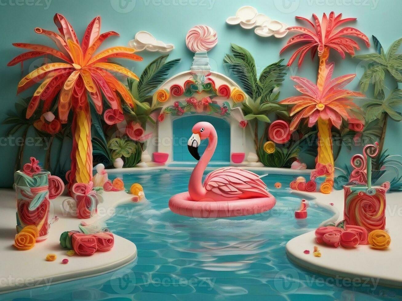 AI generated festive swimming pool with flamingo pool floats, palm trees, bright holiday themed colors, stylish paper quilling illustration photo