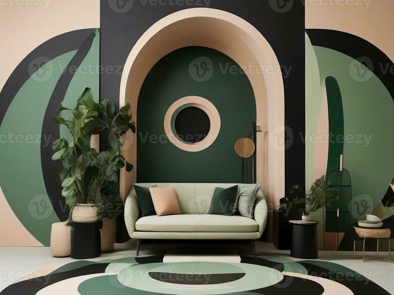 AI generated geometric interior design, black and green with minimalist circle shapes, arched door illustration photo