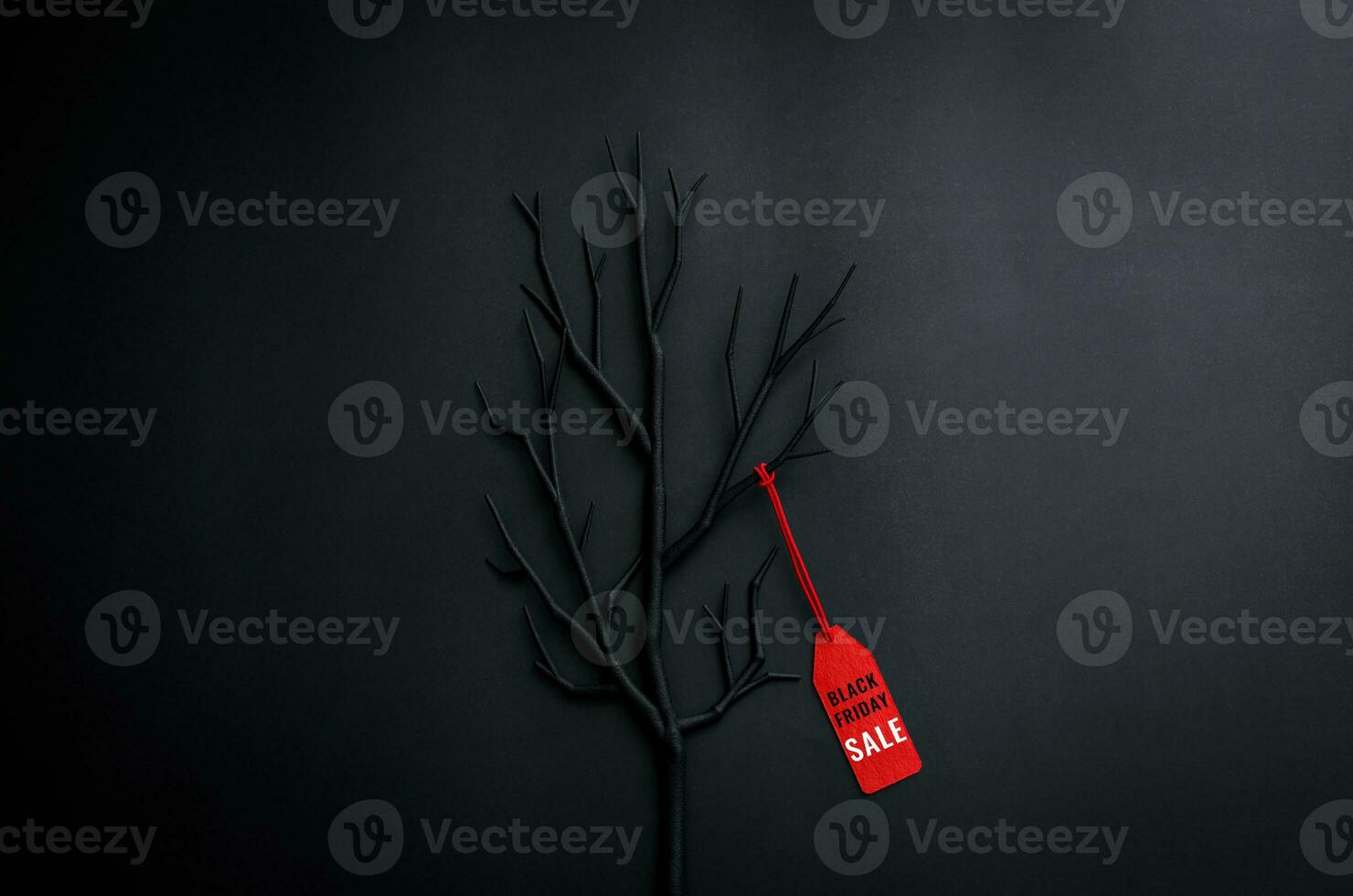 Black tree with branches with word at red price tag on dark background for Black Friday shopping sale concept. photo