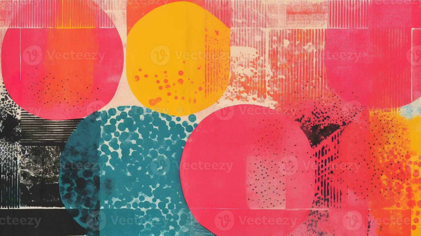 AI generated Generative AI, Vintage abstract risograph collage colorful shapes, pastel halftone, geometric grain texture photo