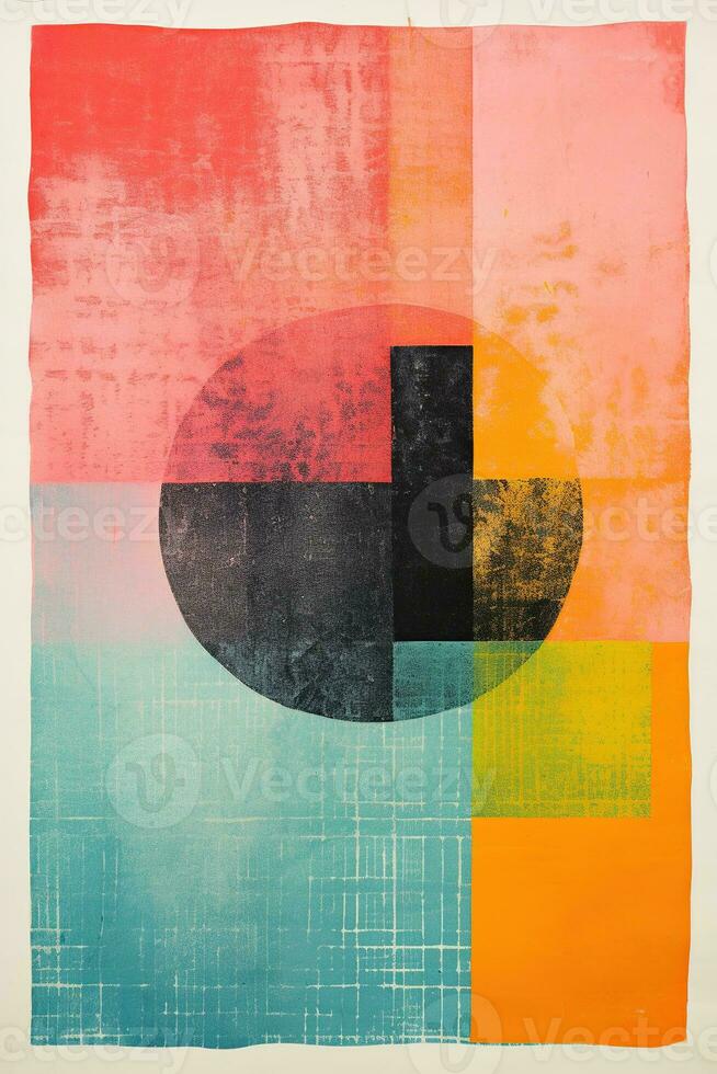 AI generated Generative AI, Vintage abstract risograph collage colorful shapes, pastel halftone, geometric grain texture, vertical poster format photo