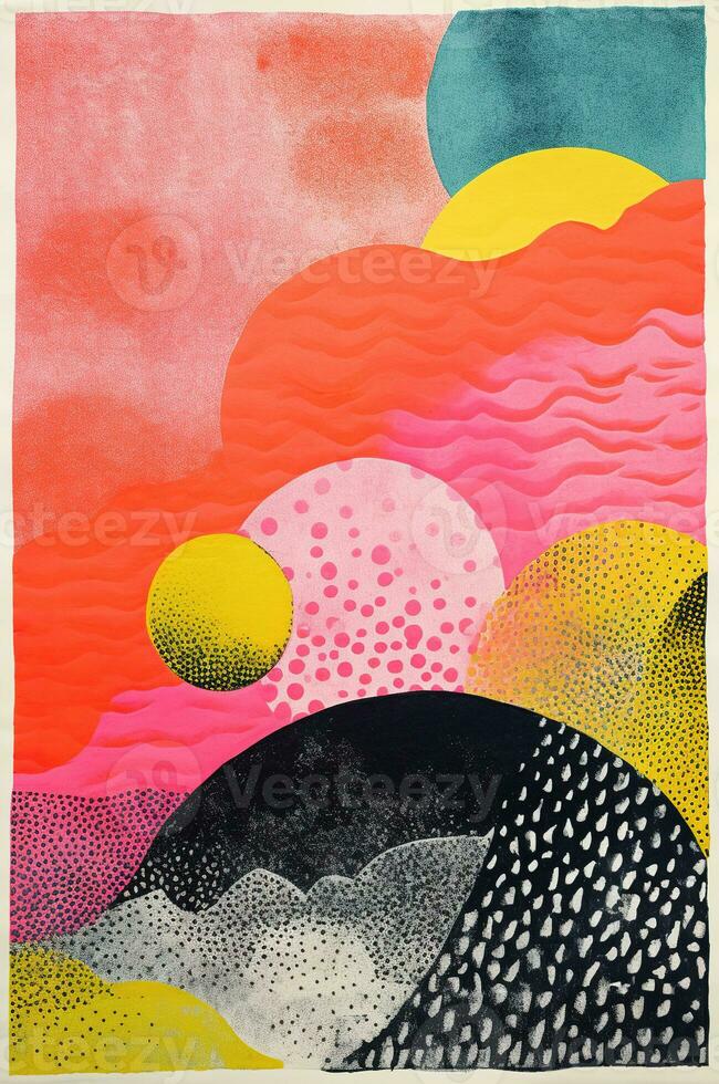 AI generated Generative AI, Vintage abstract risograph collage colorful shapes, pastel halftone, geometric grain texture, vertical poster format photo