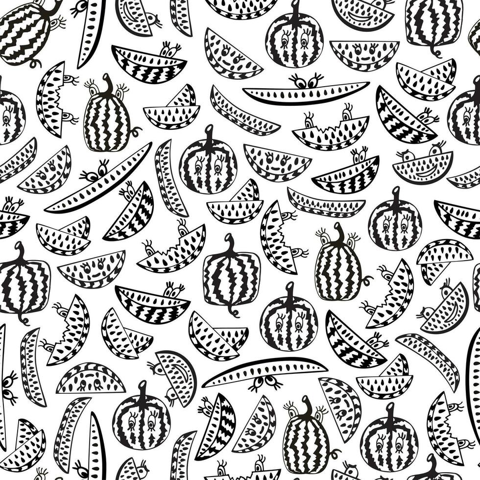 Seamless Pattern for coloring with crazy Watermelon with eyes. Black and white vector illustration. Slice of watermelon on white background. Doodle style.