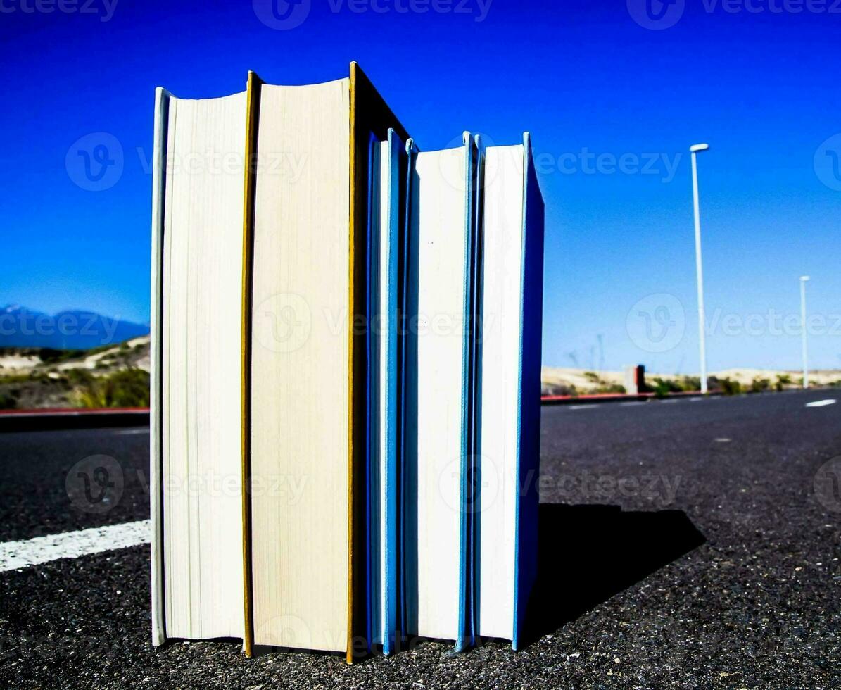 a stack of books in the road photo