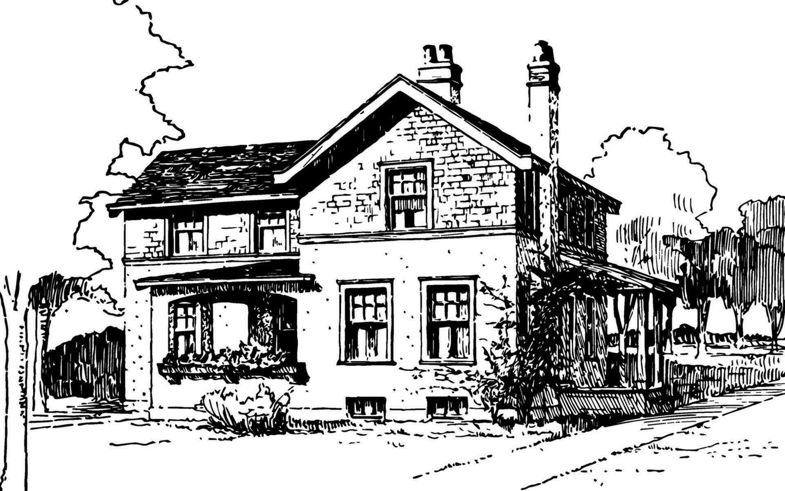 House of Shingles and Plaster design vintage engraving. vector