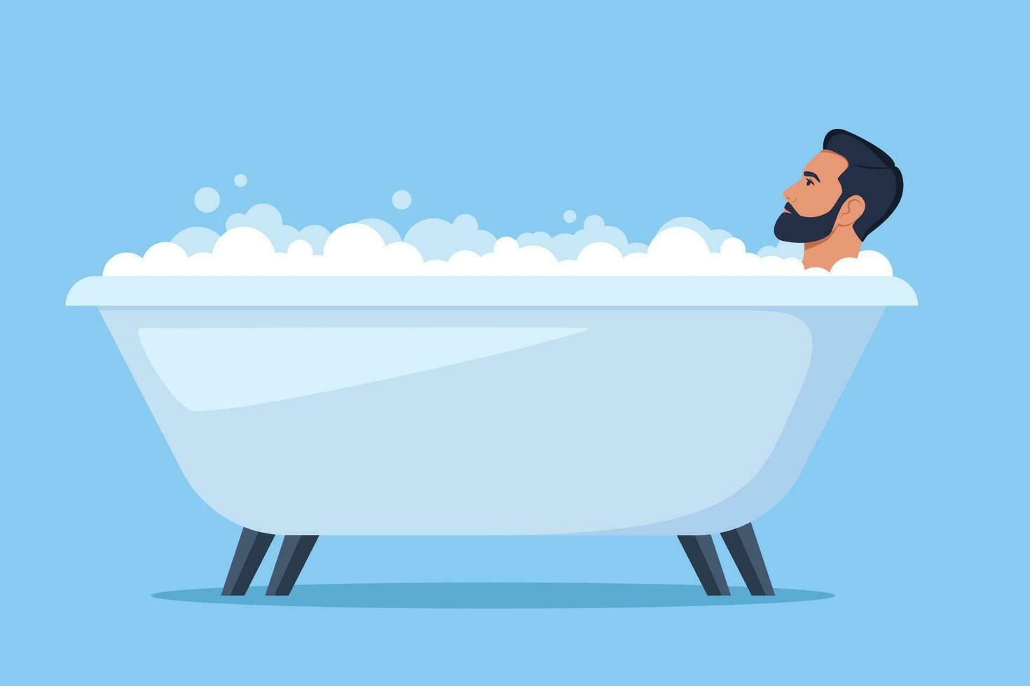 Man in bath. Relaxed guy in bathtub with foam bubbles. Self care and hygiene, spa and relaxing. Vector illustration.