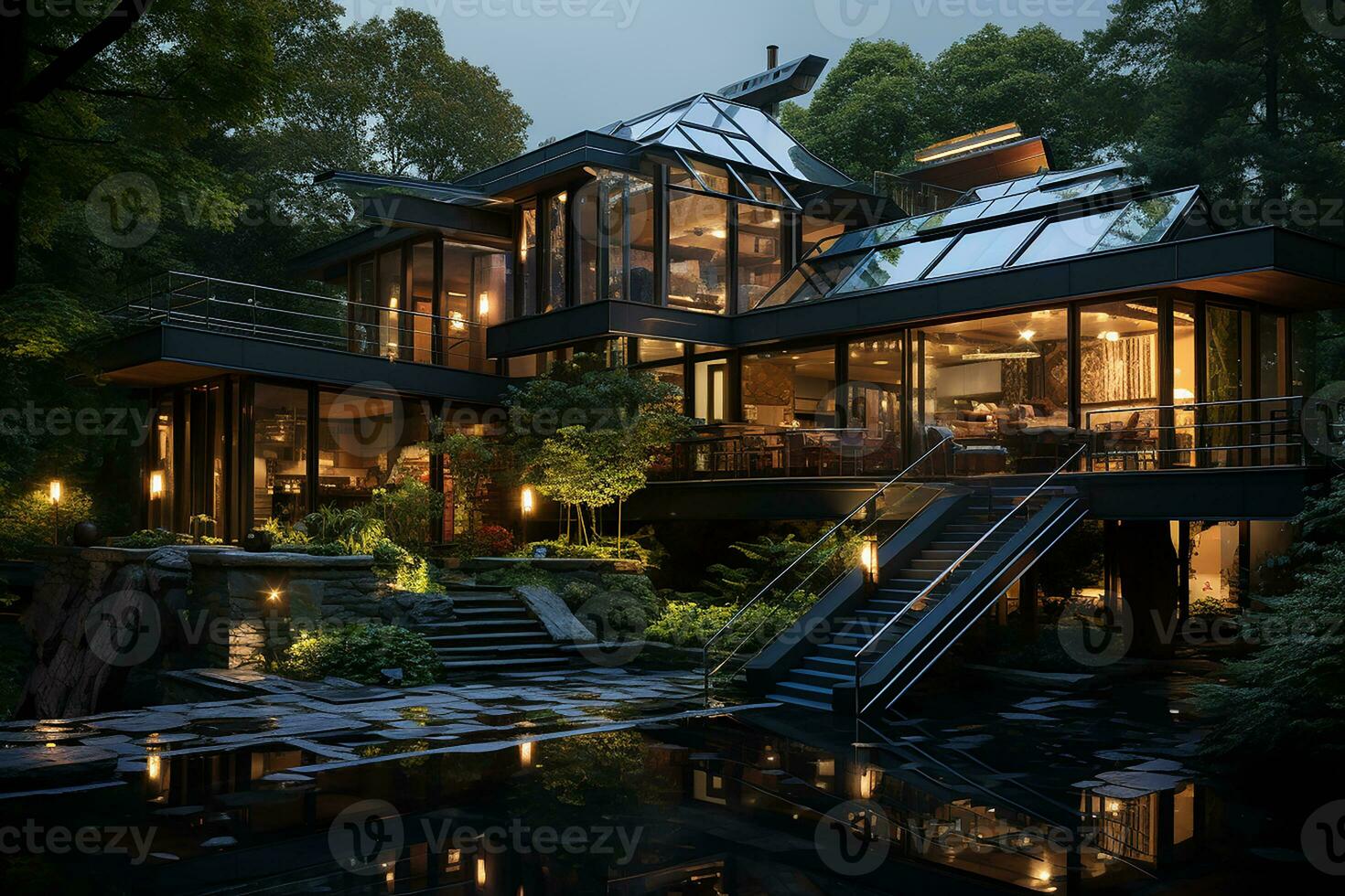 AI generated Residence harmoniously designed with nature in mind, house seamlessly blending into its surroundings photo