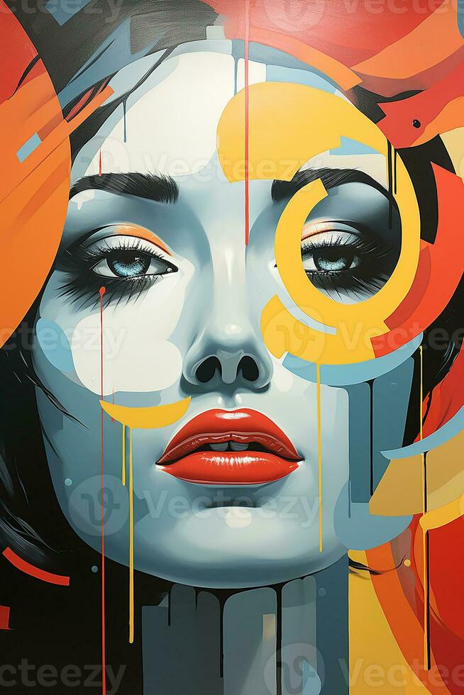 AI generated Geometric shapes with woman face abstract art, wall background. Vibrant colors, precise compositions photo