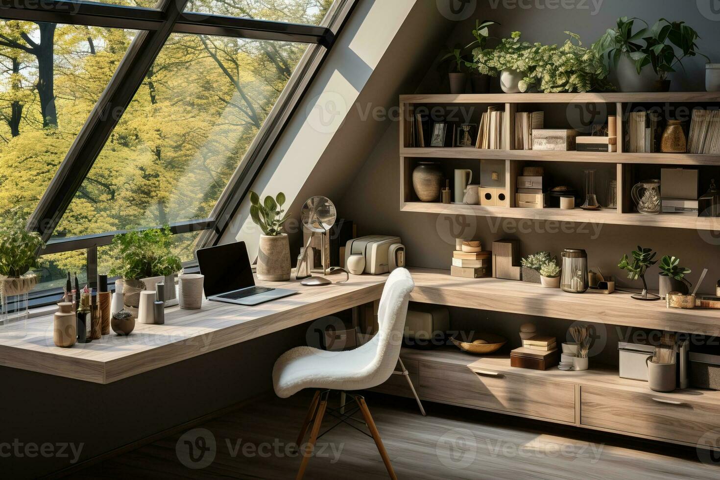 AI generated Office featuring a spacious desk with minimal decor, neutral color palette with bright accent hues to add liveliness and energy to the office photo