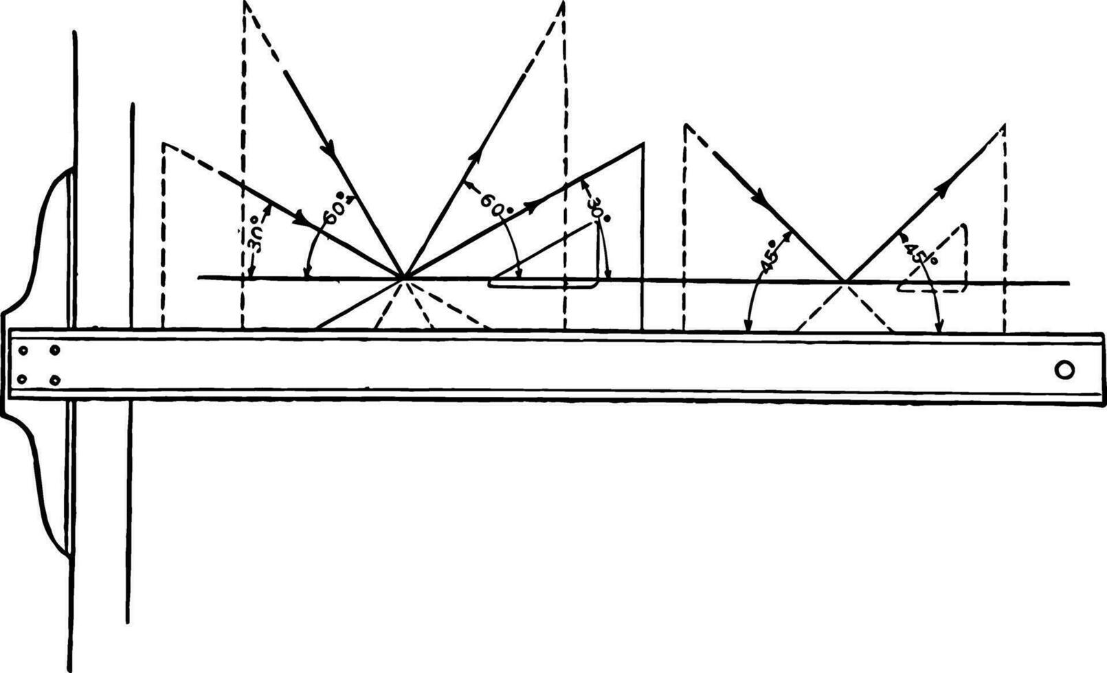 dibujo líneas utilizando triángulo, 30-, 45-, 60 grados, el anglos en un equilátero triángulo , Clásico grabado. vector