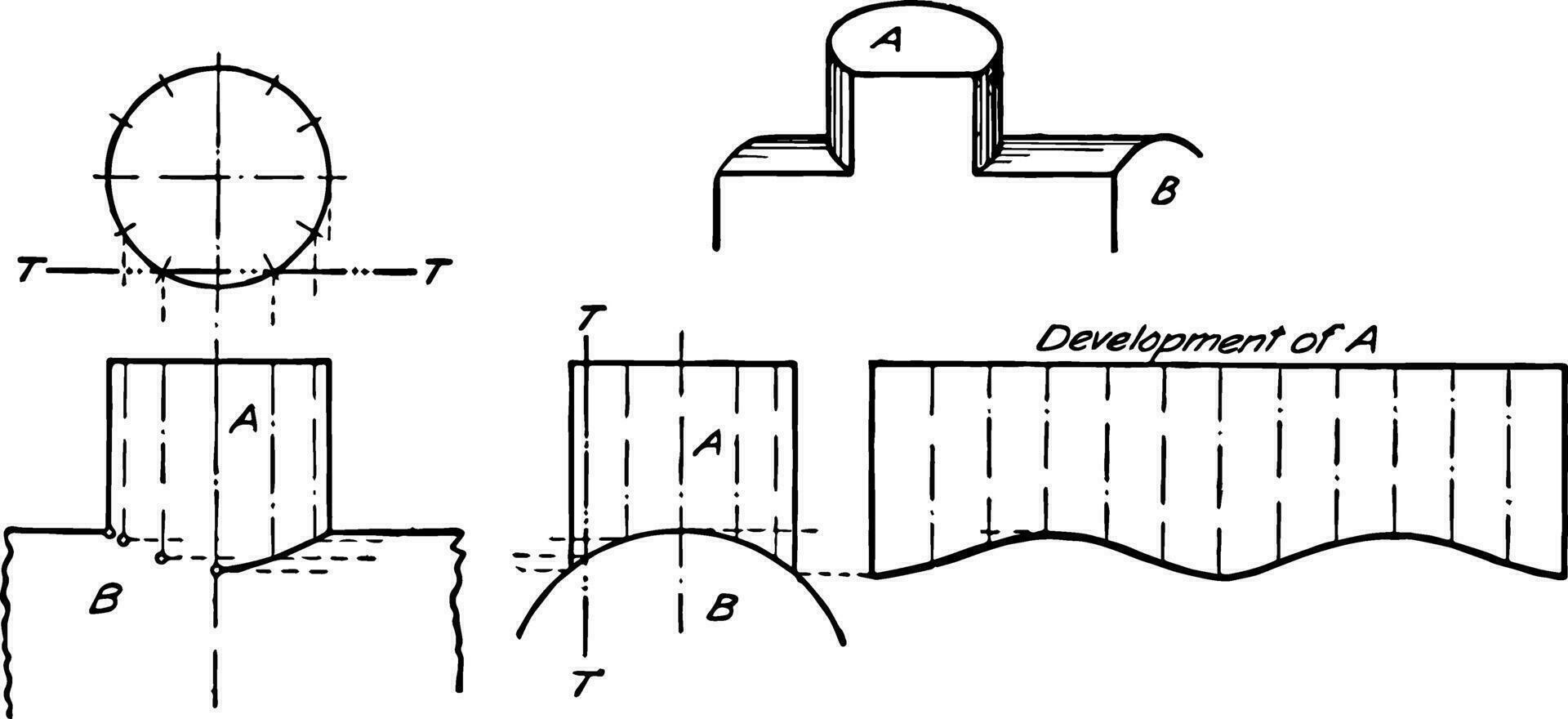 Intersection of Two Cylinders shape of this region vintage engraving. vector