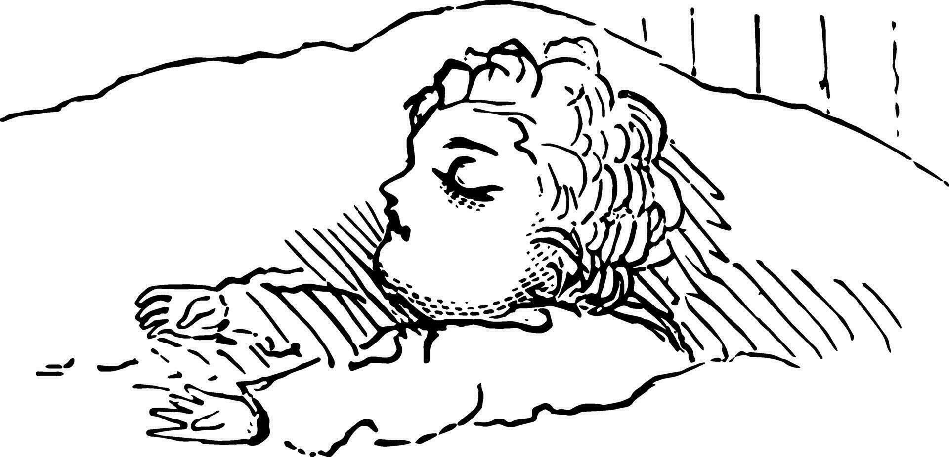 Baby sleeping in bed vintage engraving. vector