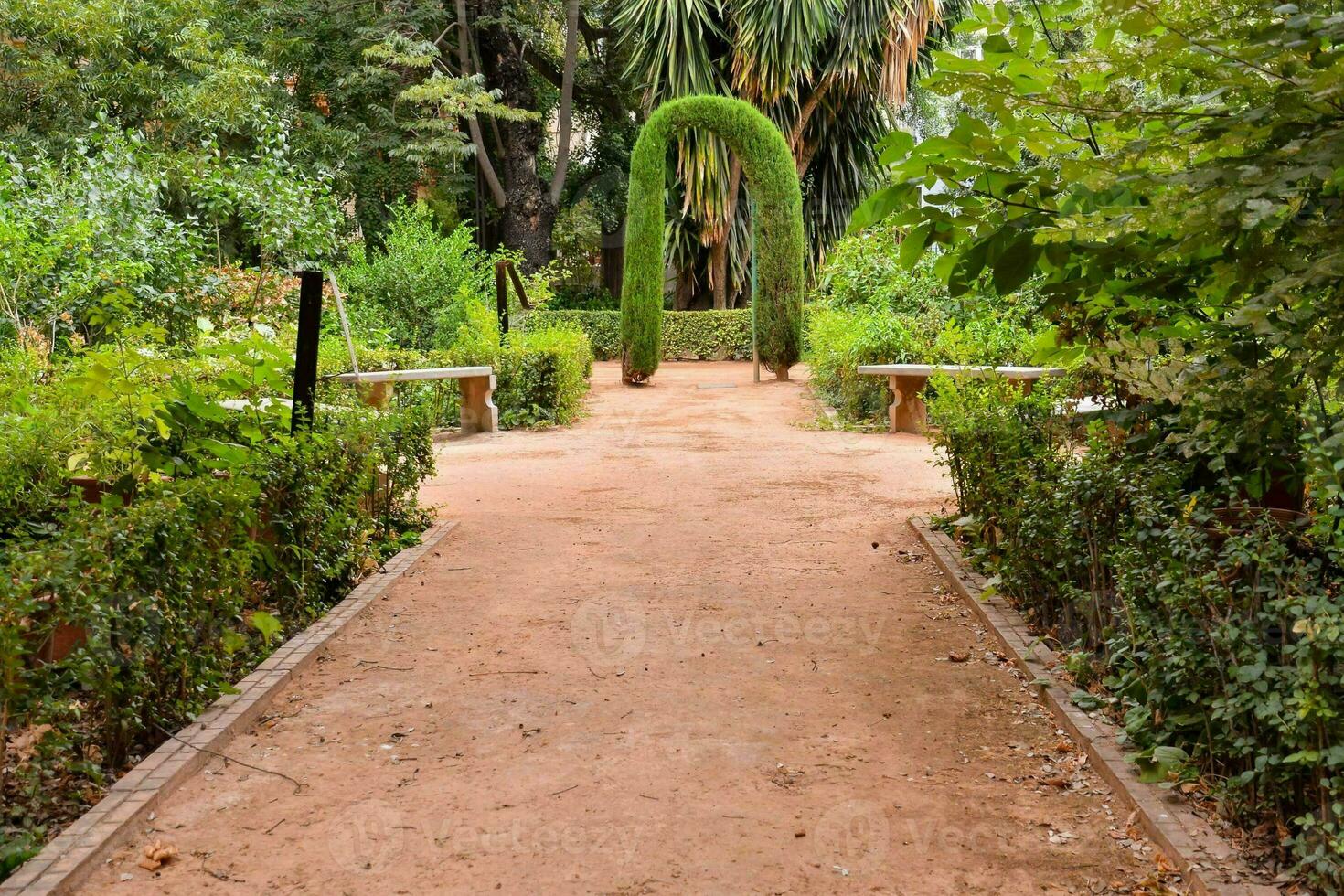 a pathway through a garden with a green arch photo