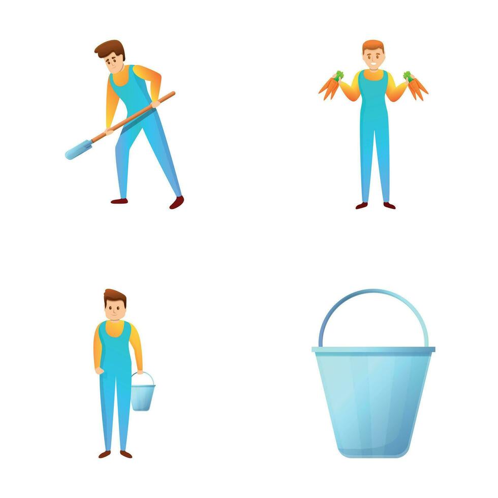 Garden work icons set cartoon vector. Agriculture worker produce food product vector