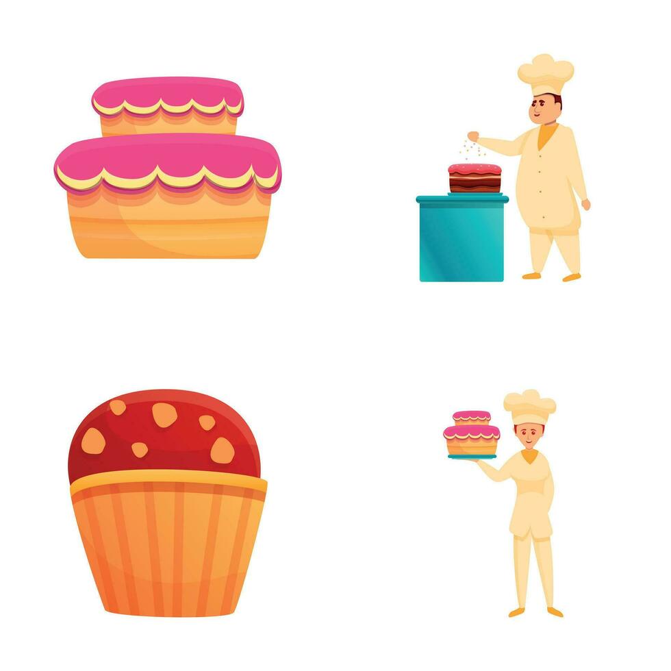 Confectioner icons set cartoon vector. Pastry man in uniform making cake vector