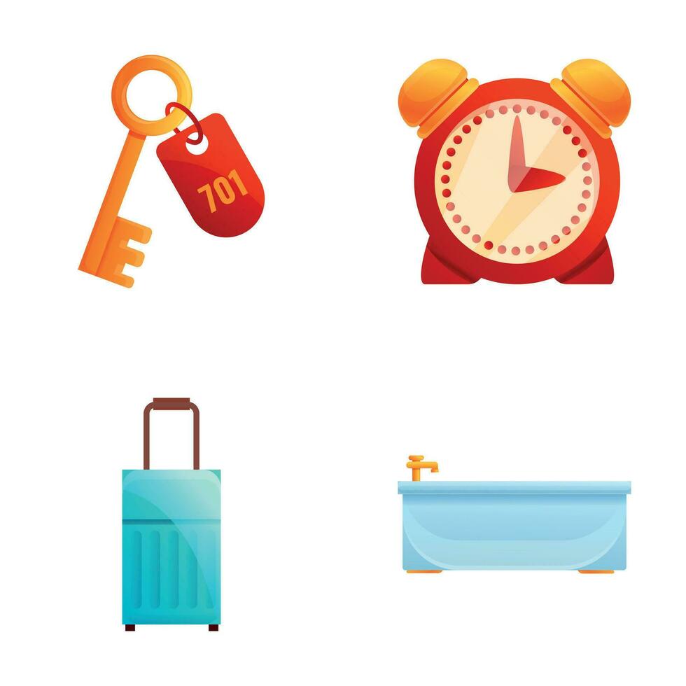 Hotel symbol icons set cartoon vector. Hotel accessory and equipment vector