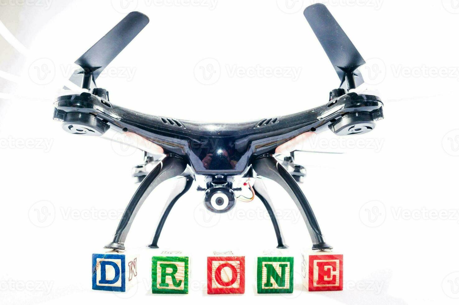 a drone on wooden blocks that spell the word drone photo