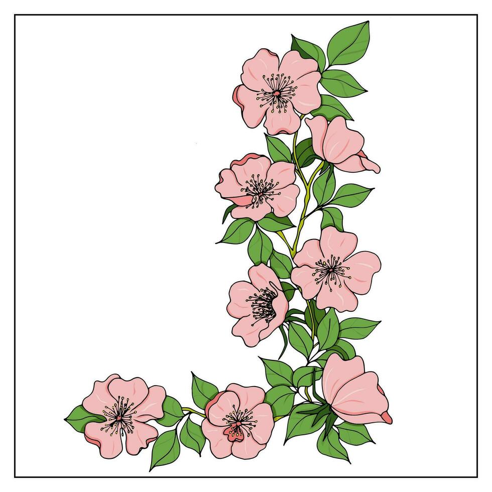 Corner frame template with sakura magnolia flowers. Vector floral garland for decoration, card, invitation