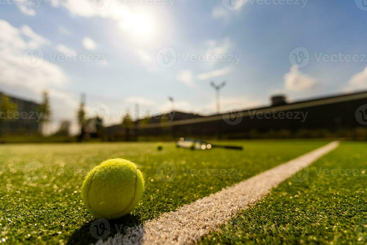 View of empty lawn tennis court with tennis ball photo