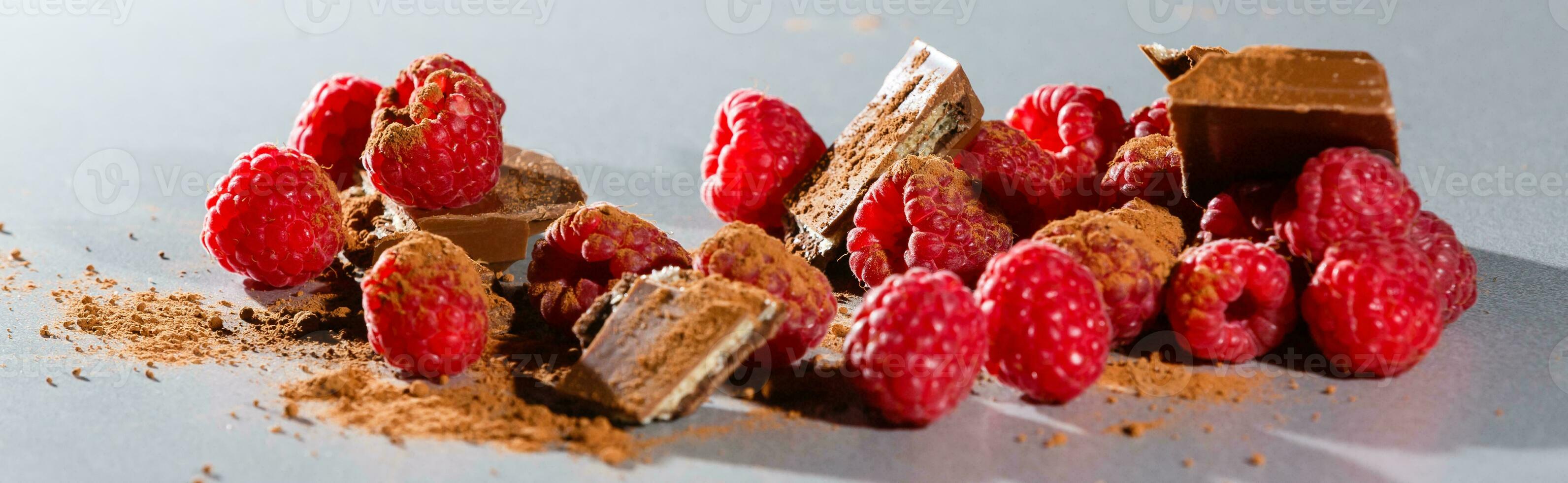 raspberries with chocolate on gray photo