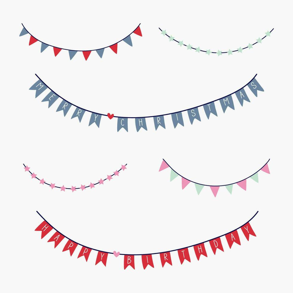 conjunto de fiesta decoración guirnaldas Navidad y cumpleaños decoración elementos. alegre Navidad y contento cumpleaños mensajes, estrellas, banderas vector