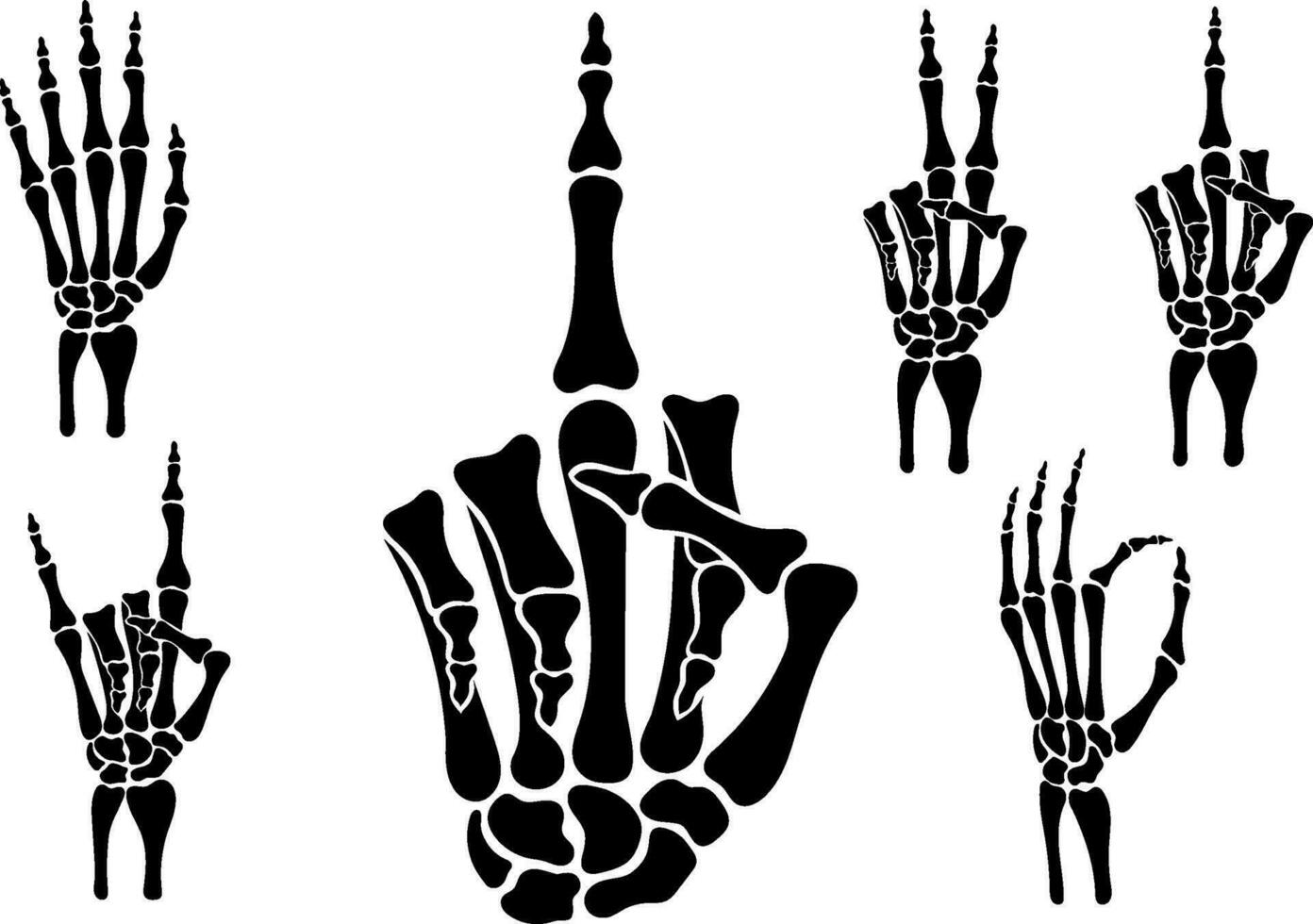 Skeleton hands, Bones hand, middle finger, Vintage elements, Print for t-shirt, hand bones set vector, Vector skeleton hand, Bones Peace, Rock, stop, middle finger, fist power, Vector art illustration