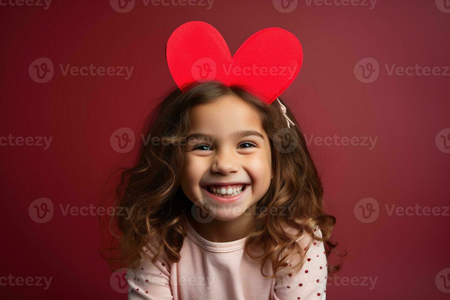 AI generated Portrait of a cute little girl with red heart on Valentines day concept. photo