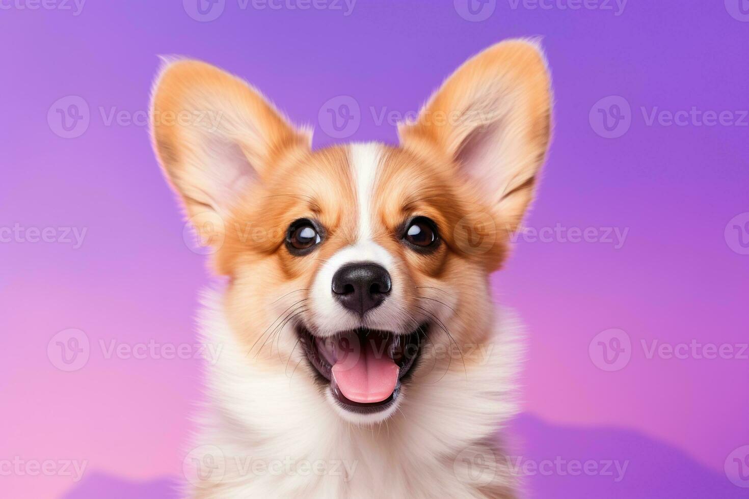 ai generado linda galés corgi perro en un púrpura antecedentes foto