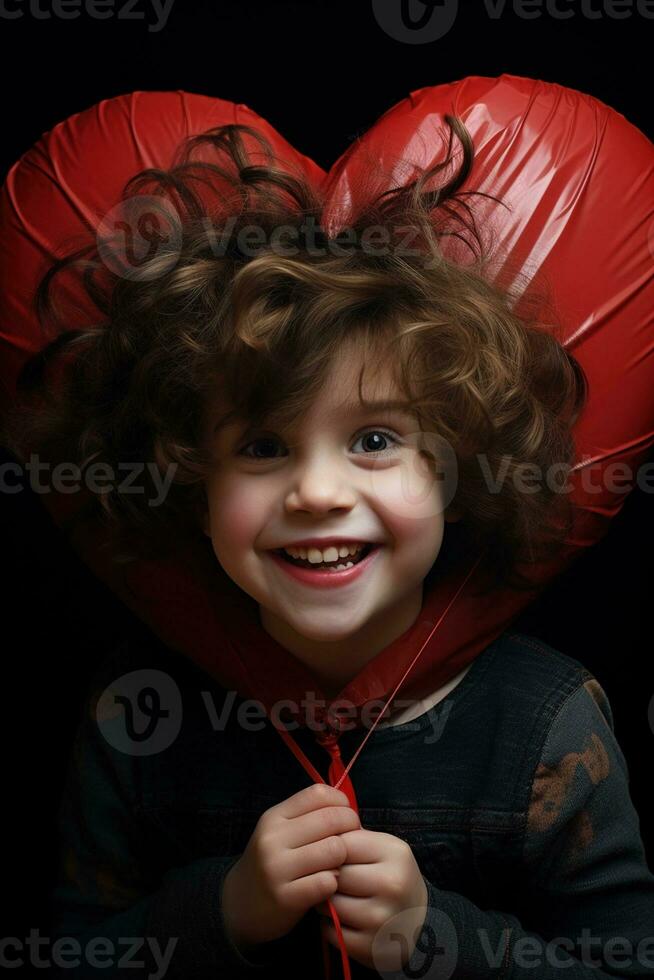 ai generado retrato de un linda pequeño niña con rojo corazón en san valentin día concepto. foto