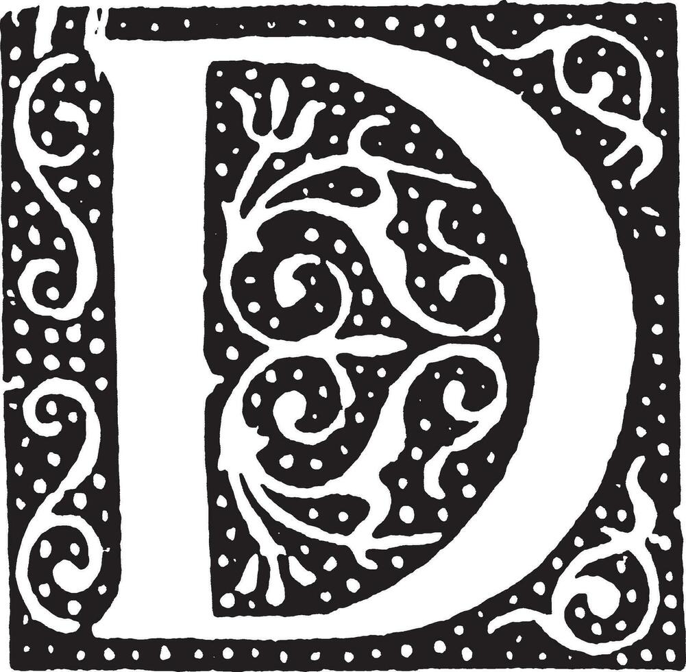 D, Ornate initial, vintage illustration vector