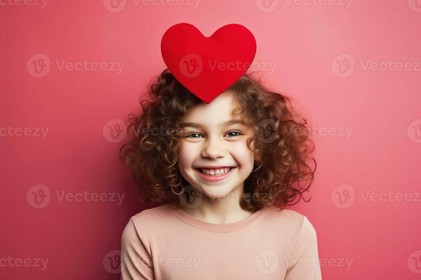 AI generated Portrait of a cute little girl with red heart on Valentines day concept. photo