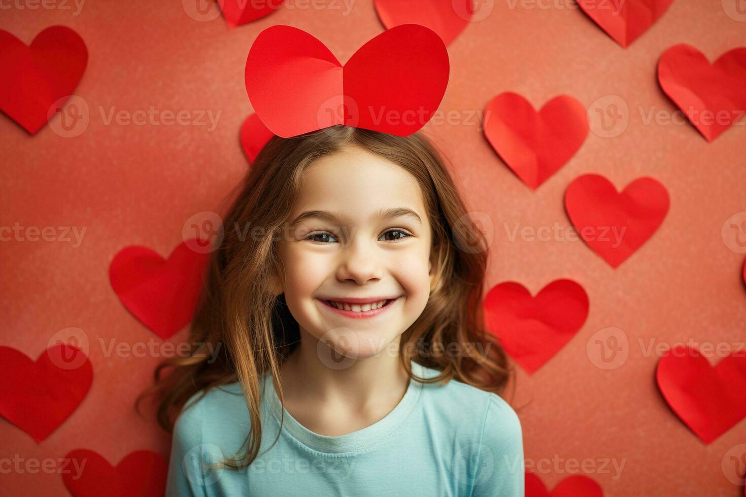 AI generated Portrait of a cute little girl with red heart on Valentines day concept. photo