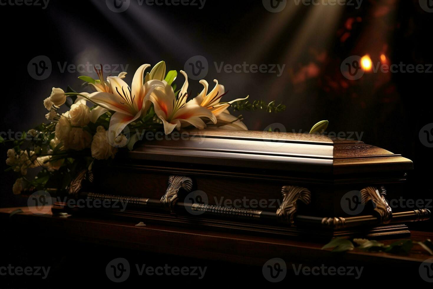 ai generado funeral ataúd con flores en oscuro antecedentes foto