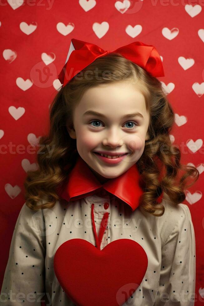 AI generated Portrait of a cute little girl with red heart on Valentines day concept. photo