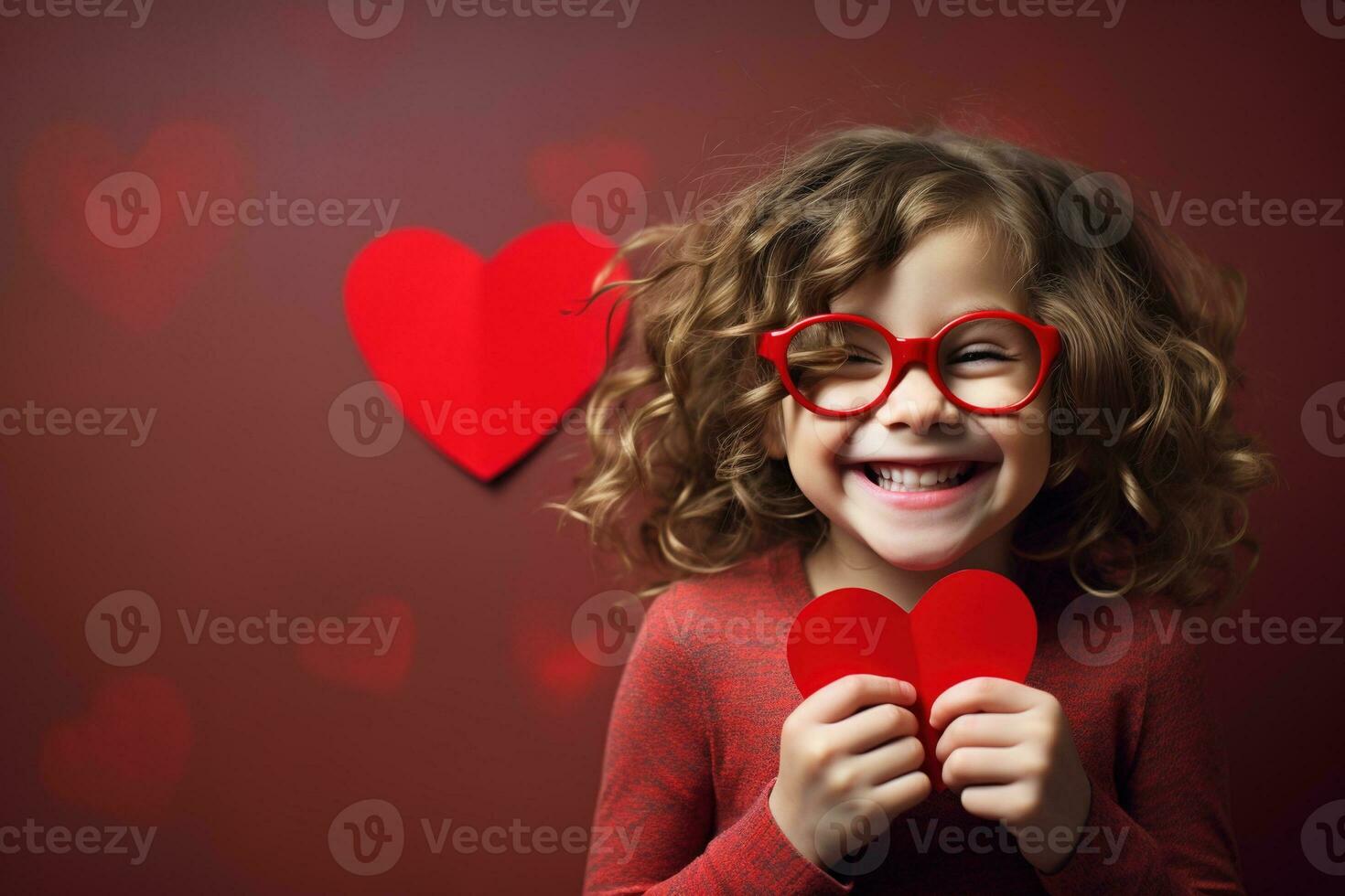 AI generated Portrait of a cute little girl with red heart on Valentines day concept. photo