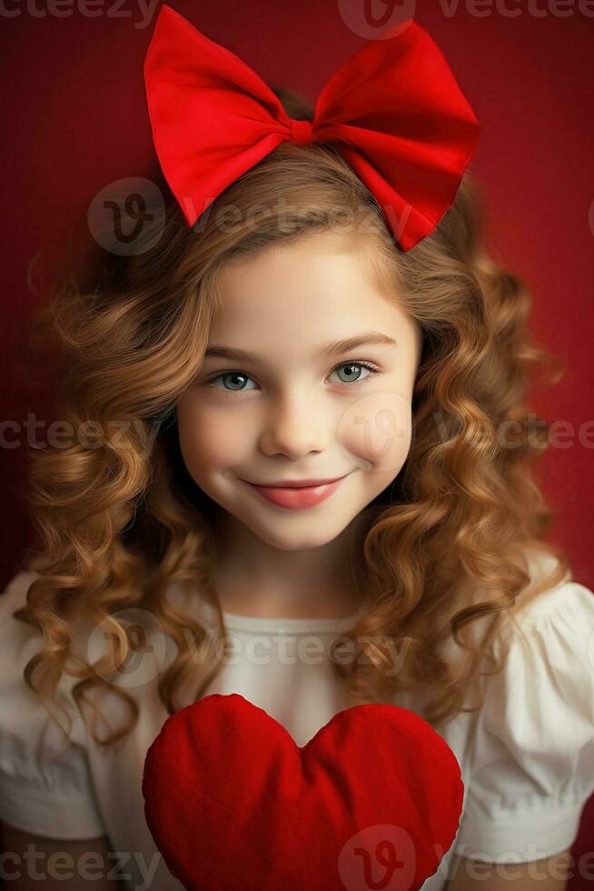 AI generated Portrait of a cute little girl with red heart on Valentines day concept. photo