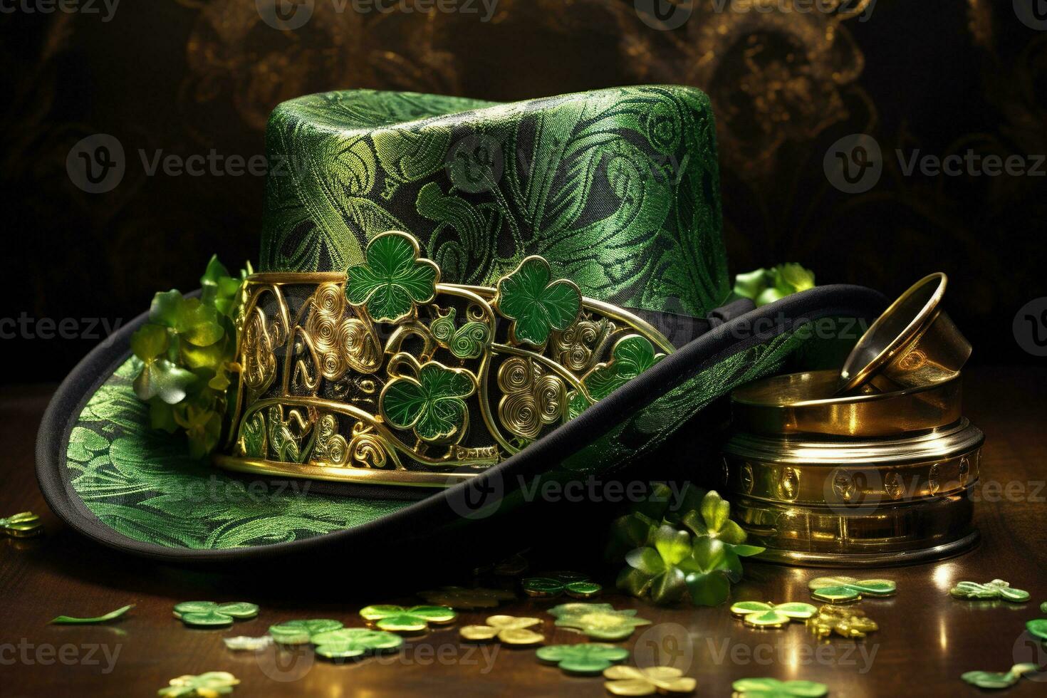 AI generated St. Patrick's Day background with leprechaun hat, coins and flowers photo