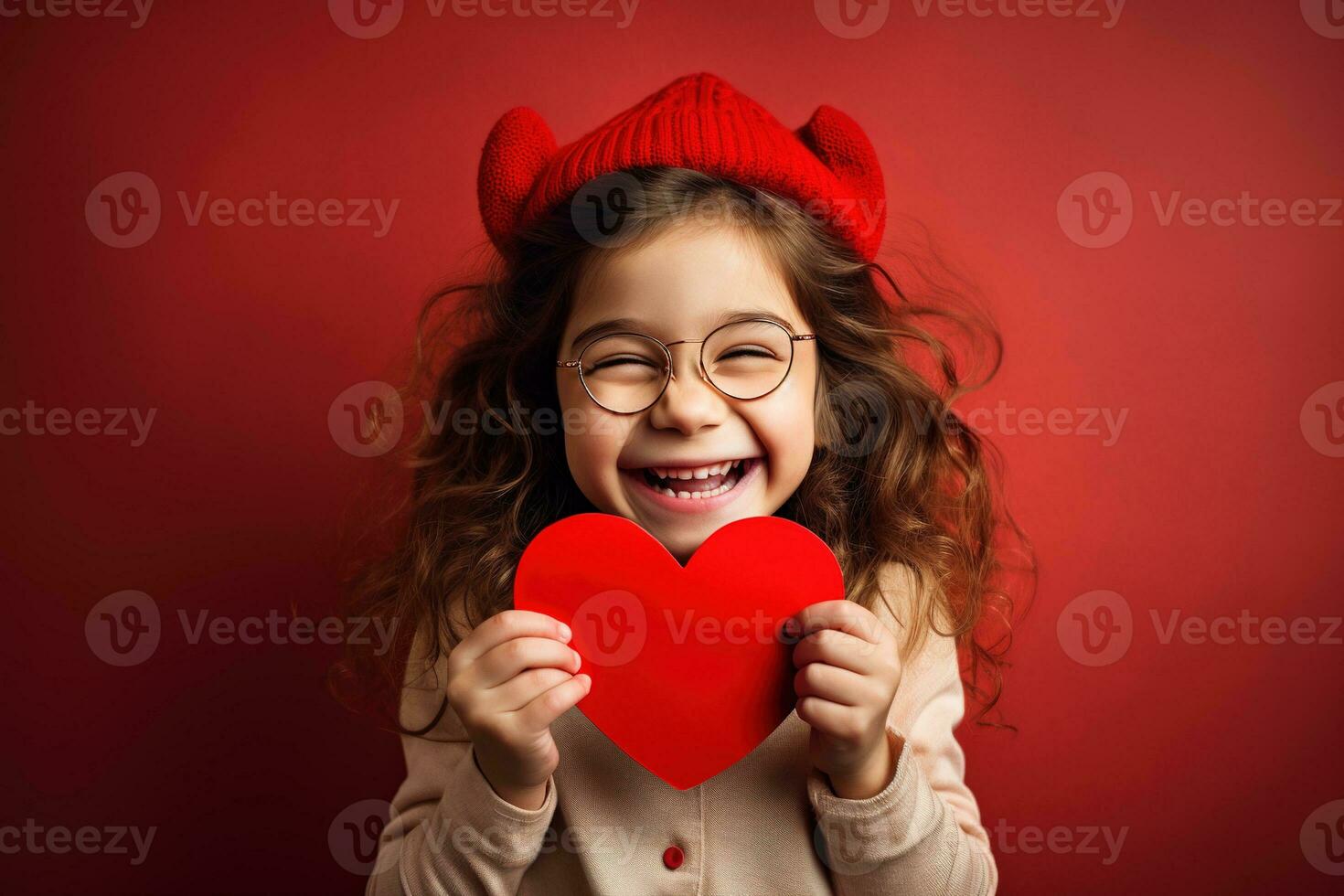 AI generated Portrait of a cute little girl with red heart on Valentines day concept. photo