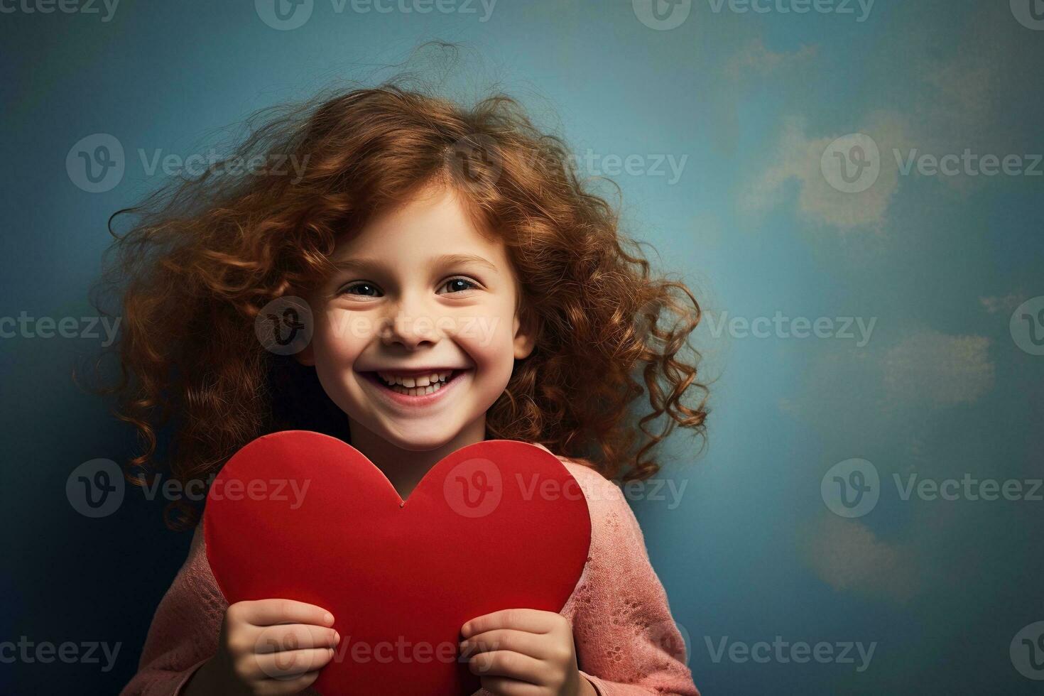 AI generated Portrait of a cute little girl with red heart on Valentines day concept. photo