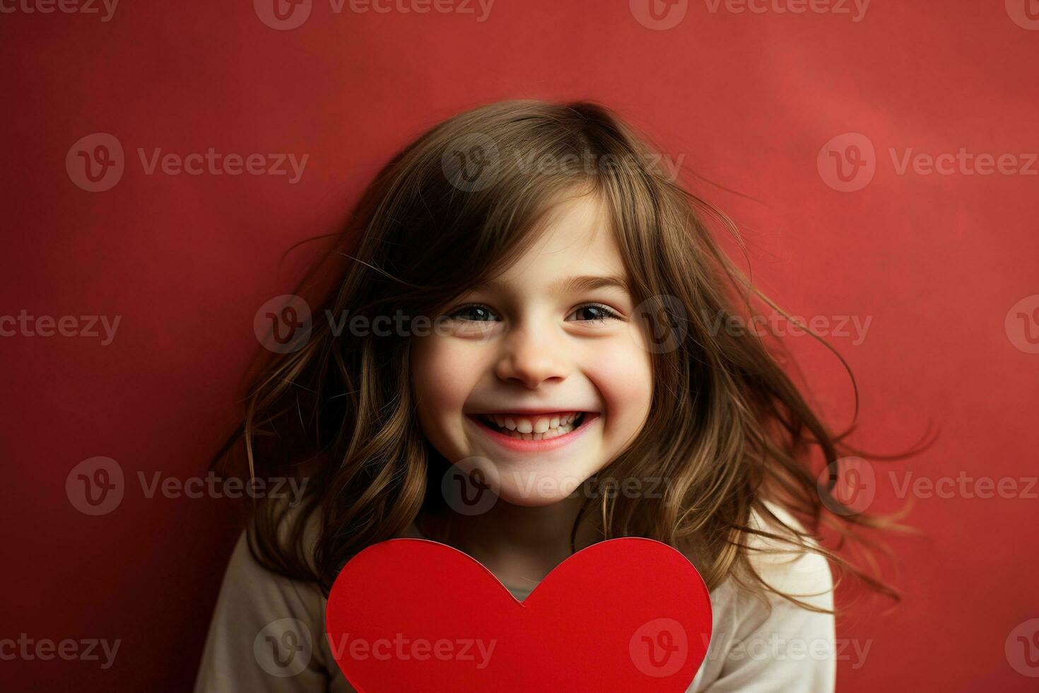 AI generated Portrait of a cute little girl with red heart on Valentines day concept. photo