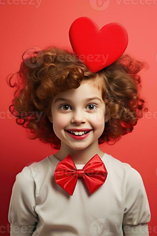 AI generated Portrait of a cute little girl with red heart on Valentines day concept. photo