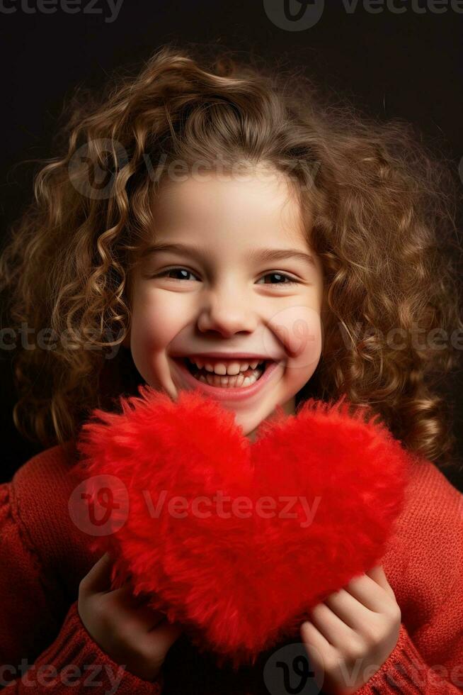 AI generated Portrait of a cute little girl with red heart on Valentines day concept. photo