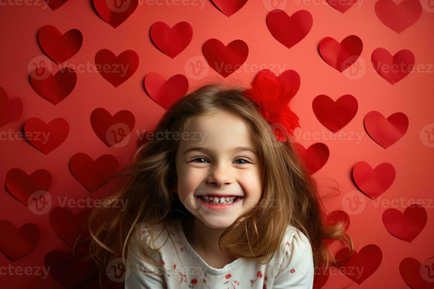 AI generated Portrait of a cute little girl with red heart on Valentines day concept. photo