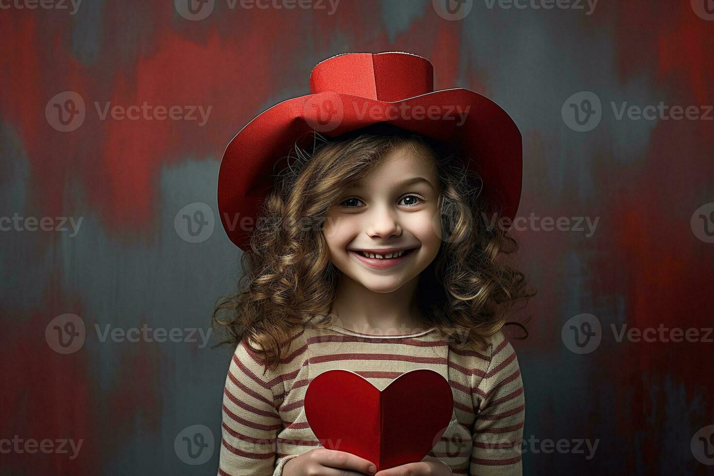 AI generated Portrait of a cute little girl with red heart on Valentines day concept. photo