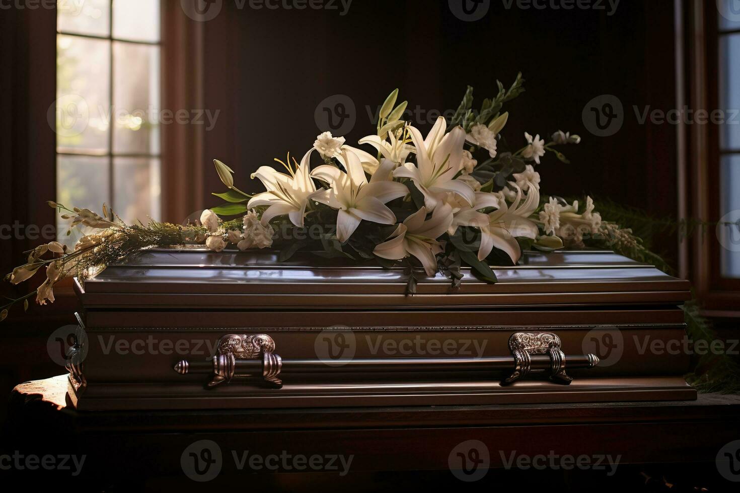 AI generated Funeral casket with flowers on dark background photo