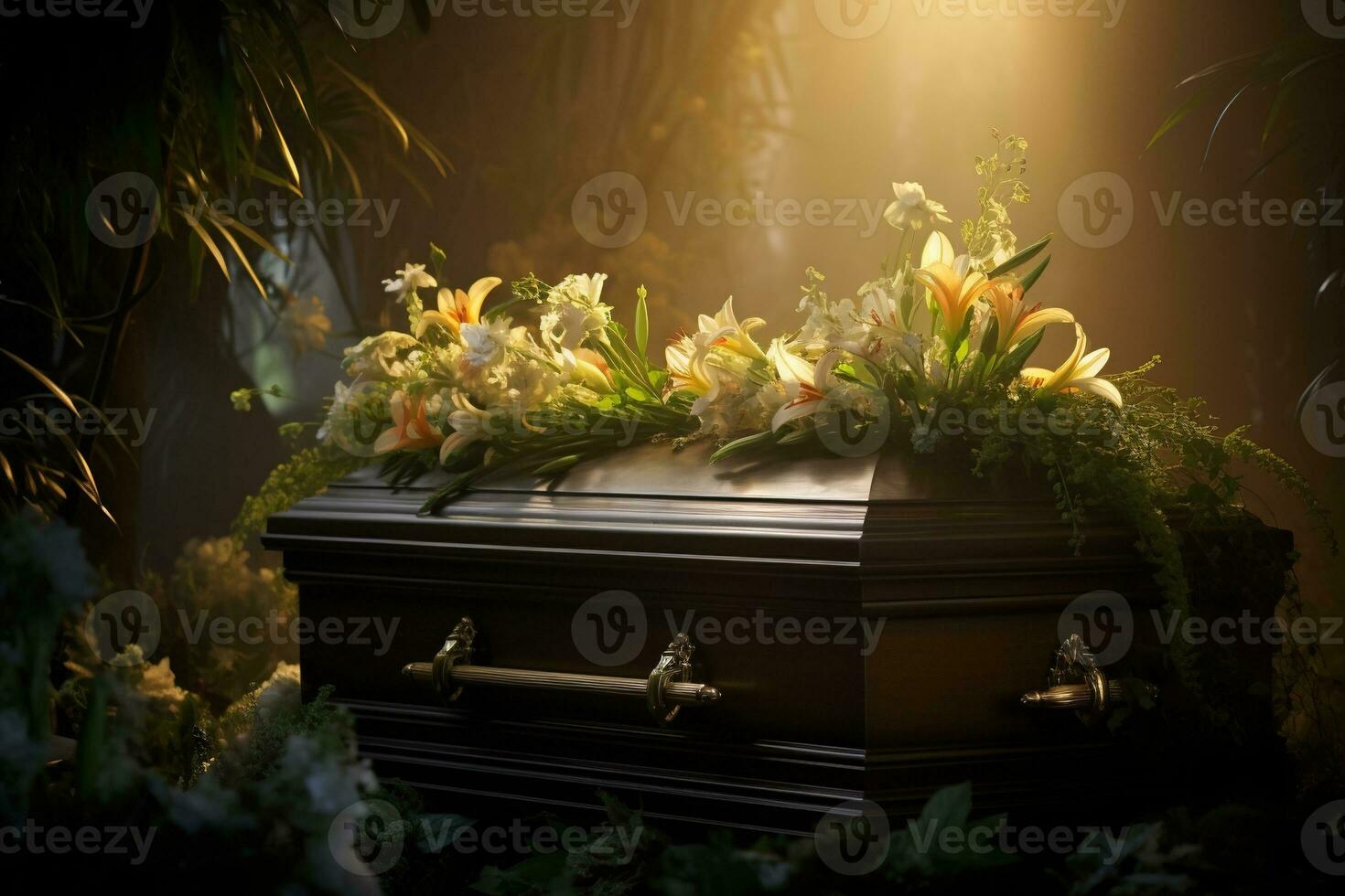 AI generated Funeral casket with flowers on dark background photo