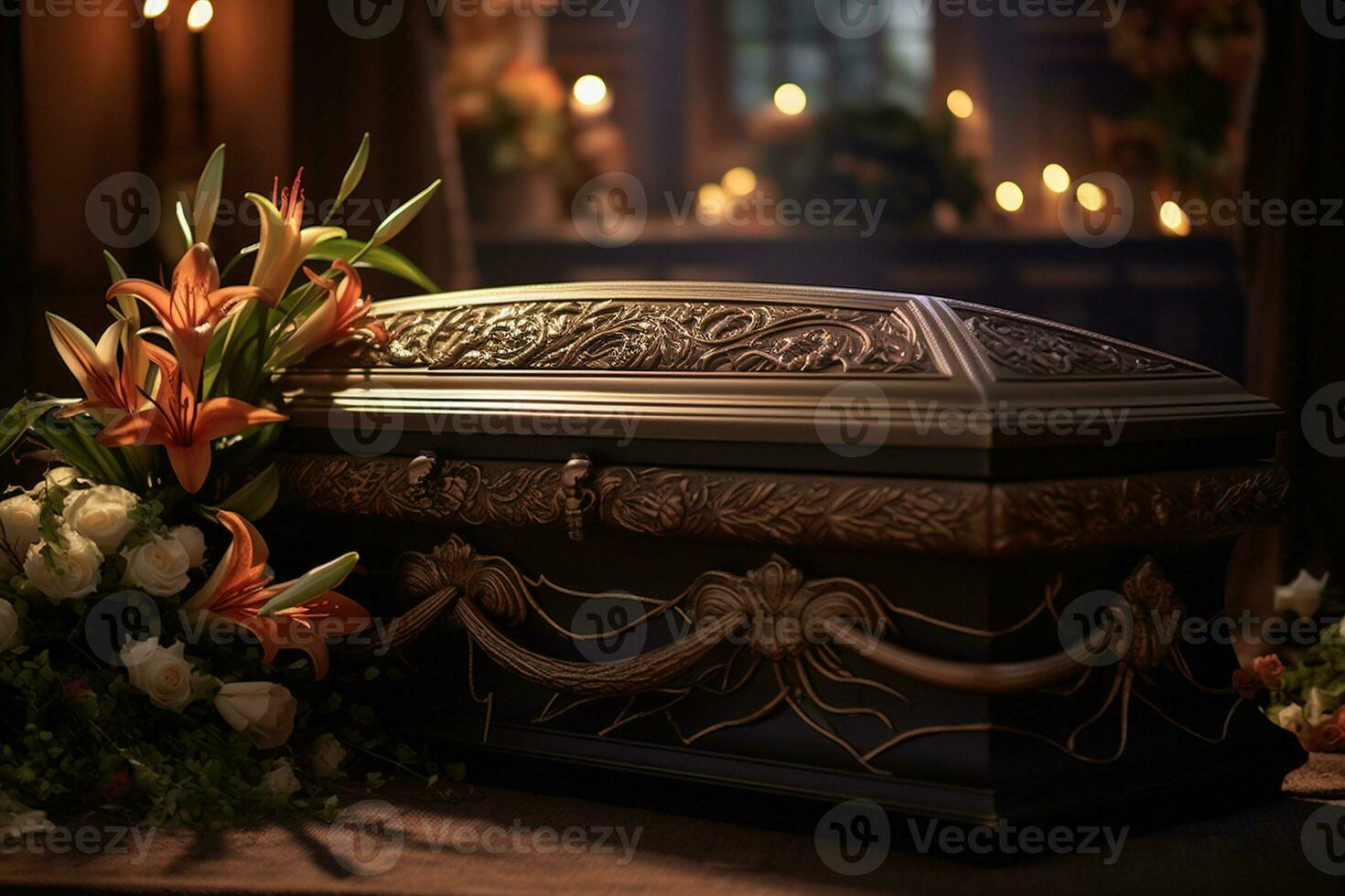 AI generated Funeral casket with flowers on dark background photo