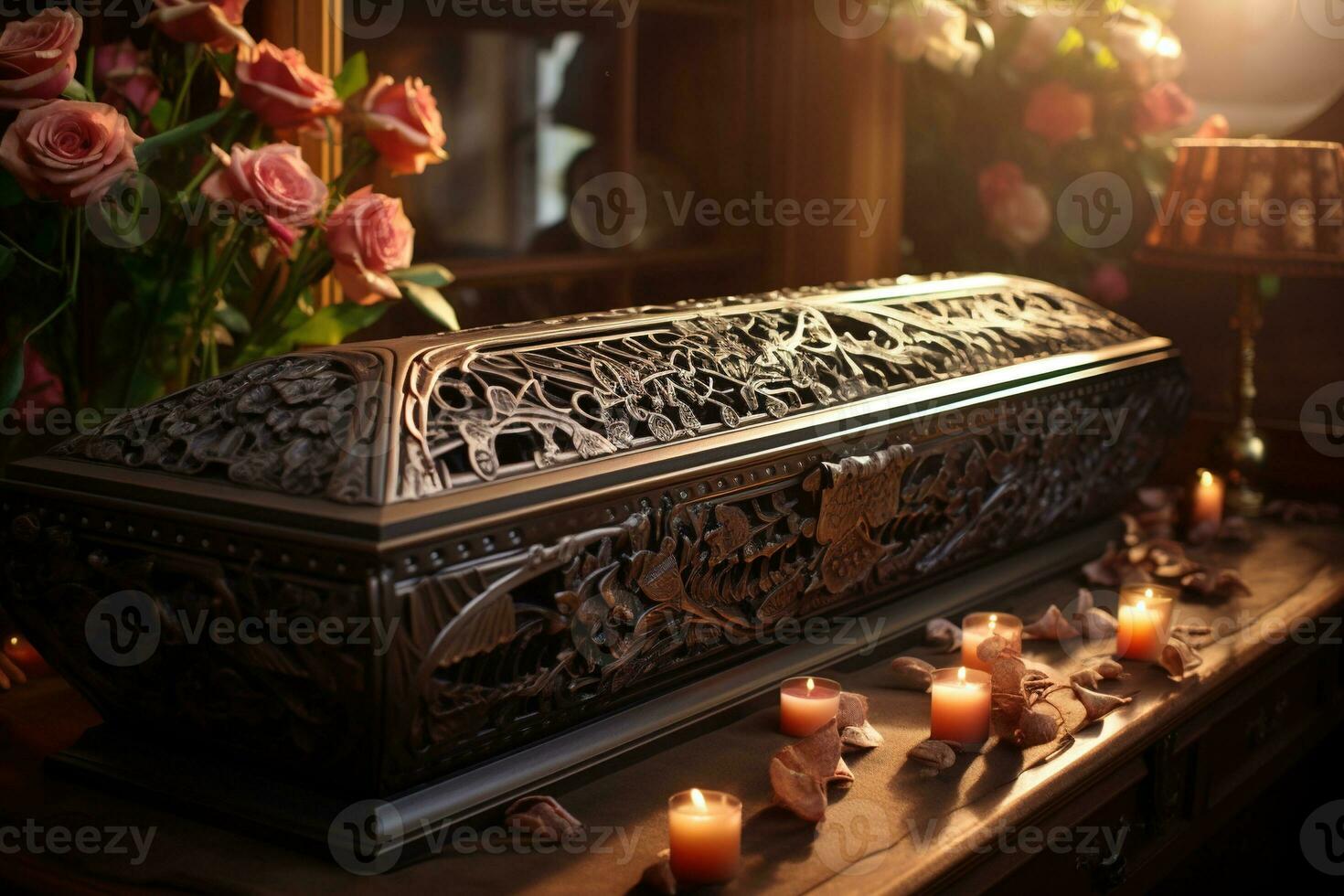 AI generated Funeral casket with flowers on dark background photo