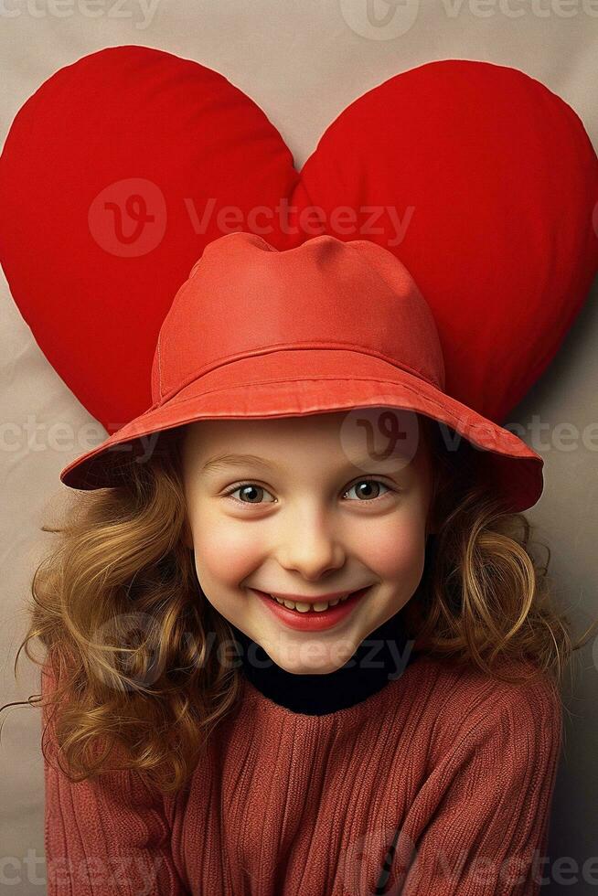 AI generated Portrait of a cute little girl with red heart on Valentines day concept. photo